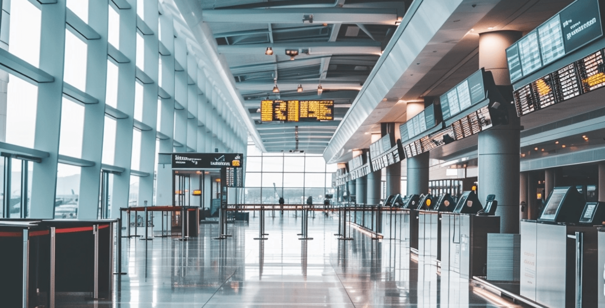 Widok na terminal lotniska ze stanowiskami do odprawy pasażerów